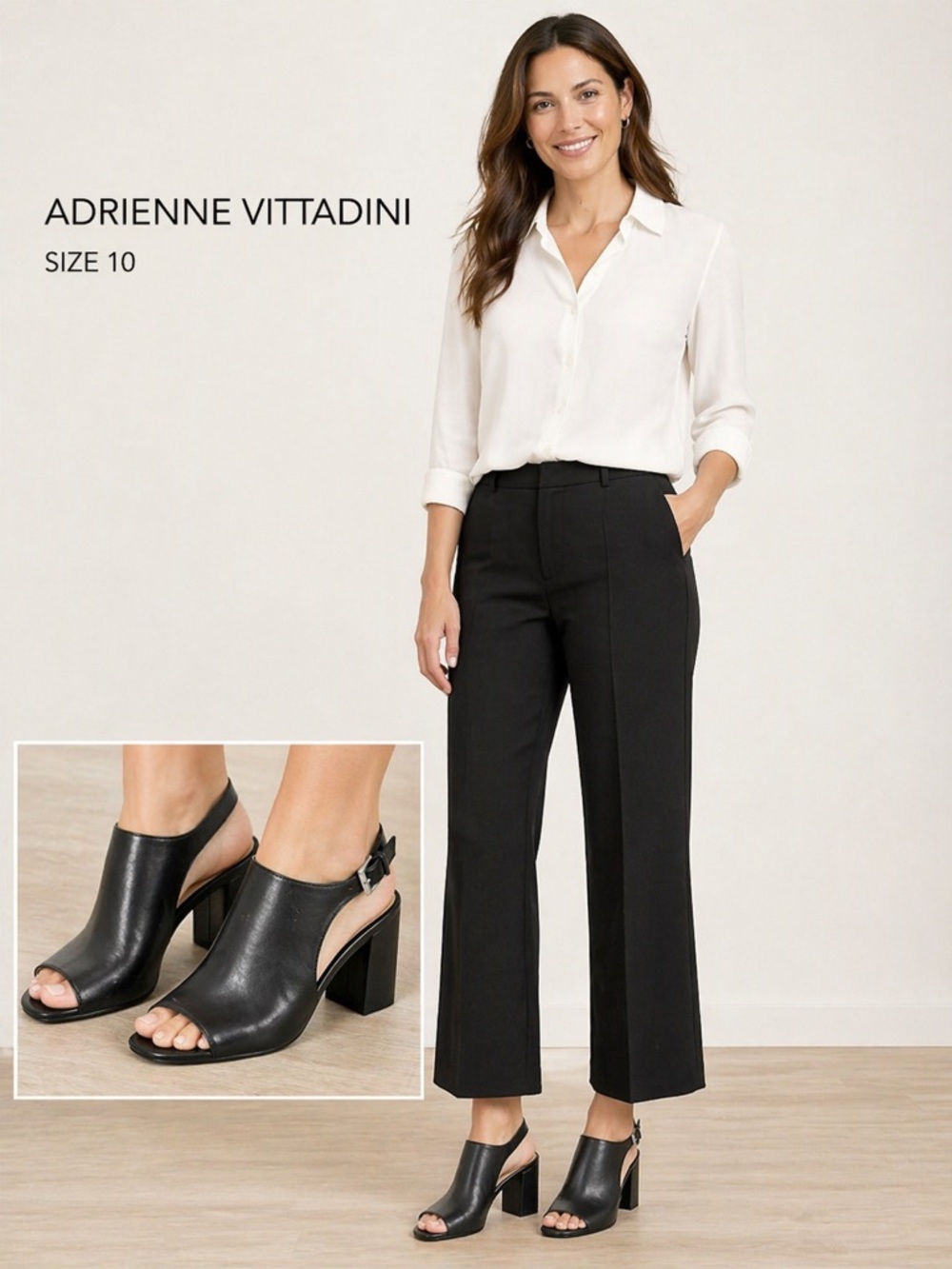 Adrienne Vittadini Ricochet Black Leather Peep-Toe Block Heel Sandals - Size 10